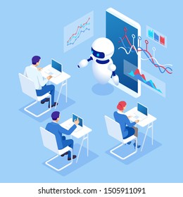 Isometric Education Or Business Training Using Artificial Intelligence Concept. Group Of Businessmen Studies Data. Science Teacher Bot, Artificial Intelligence, Knowledge Expertise Intelligence Learn.