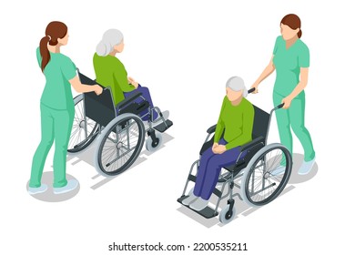 Isometric elderly patient in wheelchair and his caregiver at retirement home. Doctor take care of a man patient sitting in a wheelchair in a hospital. - Powered by Shutterstock