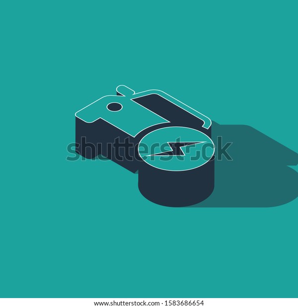 Isometric\
Electric car and electrical cable plug charging icon isolated on\
green background. Renewable eco technologies. \
