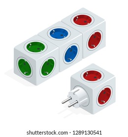 Isometric Electric Extension Cord. Cubic Electrical Outlets Sockets. Power Strip With Electrical Sockets Universal Standard.