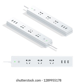 Isometric Electric Extension Cord Isolated On White Background. Power Strip With Electrical Sockets Universal Standard And USB Charging Hub Ports