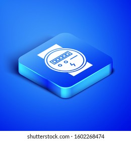 Isometric Electric Meter Icon Isolated On Blue Background. Blue Square Button. 