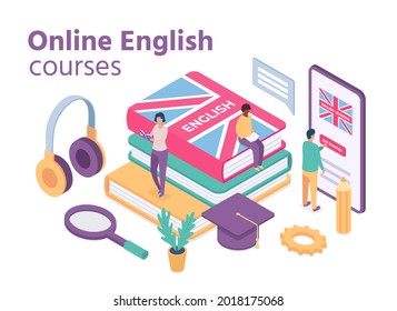 Isometric English Courses. Online Foreign Language School With Student Learn Vocabulary And Reading Books. Distance Education  Concept. Illustration Education Online, English Language Course