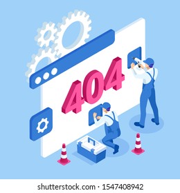 Isometric error 404 page layout  design. The page you requested could not be found. Website 404 page creative concept. Website under construction page.