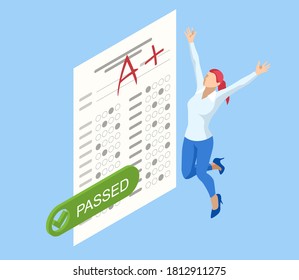 Isometric Exam sheet with A plus grade, flat design. The joy of a good exam result. The exam is passed.