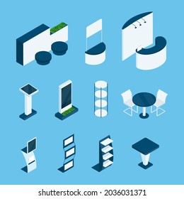 Isometric Exhibition Stands. Empty Expo Booth, Display Kiosk And Table, Stall For Demo Product Showroom 3d  Interior Elements. Trade Zone With Screens, Shelves, Advertising Construction