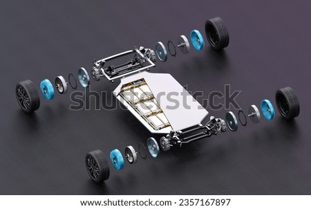 Isometric Exploded view of In-Wheel Motor and Electric vehicle Battery Pack isolated on black background. Generic design. 3D rendering illustration.
