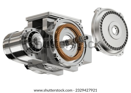 Isometric exploded view of Single Electric Vehicle Motor on white background. Generic design. 3D rendering illustration.