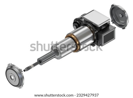 Isometric exploded view of Single Electric Vehicle Motor on white background. Generic design. 3D rendering illustration.