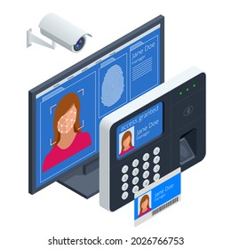 Isometric Facial Recognition System Concept. Finger Print Scan For Enter Security System, Biometric Access Control. Digital Touch Scan Identification Or Electronic Sensor Authentication.