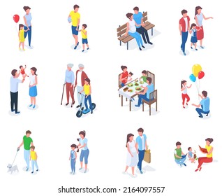 Isometric Family, Parents Play And Walk With Children. Families Walk In Park, Reading Books Or Having Dinner  Illustration Set. Parents Spending Time With Kids. Leisure Activities, Resting