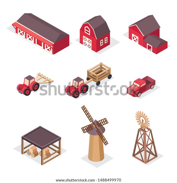 Isometric farm\
icons: red barn, house, tractor, pickup, harvesting machine,\
windmill, hay, cart. Agricultural and farming landscape.\
Illustration agriculture and farm\
business
