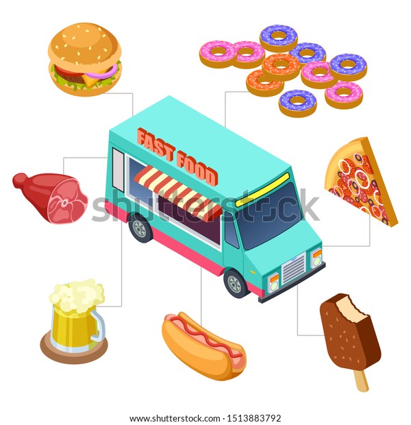 Isometric fast food truck, burger, donuts, beer,\
bbq elements