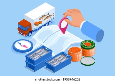 Isometric Fish Shop Delivery Concept. Fish Industry Seafood. Commercial Fishing. Truck With Fresh Fish Delivery.