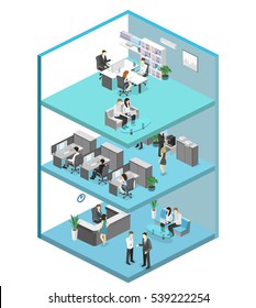 Isometric Flat 3d Abstract Office Floor Interior Departments Concept . Conference Hall, Offices, Workplaces, Director Of The Office Interior