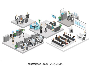 Isometric Flat 3d Abstract Office Floor Interior Departments Concept . Conference Hall, Offices, Workplaces, Director Of The Office Interior