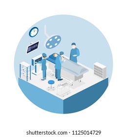 Isometric flat 3D concept interior of Surgery Department. Hospital Plastic Surgery Operating Theater Medical Doctor Surgeon and Patient Surgery Infographic.
