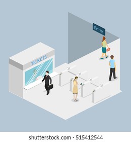 Isometric flat 3D concept interior of metro subway train station. underground station