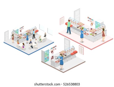 Isometric flat 3D concept interior of a coffee shop or canteen. People sit at the table and eating.