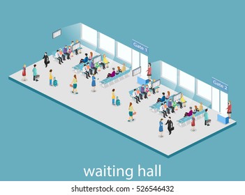 Isometric flat 3D concept interior of waiting room in airport . living room inside. people waiting for the start of landing on aircraft