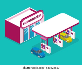 Isometric Flat 3D Concept Outside Gas Station, Petrol Station