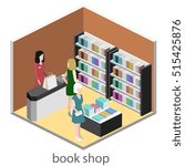 Isometric flat 3D interior of book shop. illustration ibook store. People choose and buy books