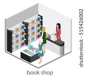 Isometric flat 3D interior of book shop. illustration ibook store. People choose and buy books