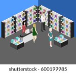 Isometric flat 3D interior of book shop. illustration ibook store. People choose and buy books