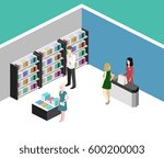 Isometric flat 3D interior of book shop. illustration ibook store. People choose and buy books