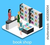 Isometric flat 3D interior of book shop. illustration ibook store. People choose and buy books