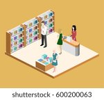 Isometric flat 3D interior of book shop. illustration ibook store. People choose and buy books