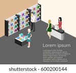 Isometric flat 3D interior of book shop. illustration ibook store. People choose and buy books