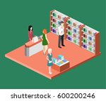 Isometric flat 3D interior of book shop. illustration ibook store. People choose and buy books