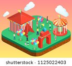 Isometric flat 3D isolated concept city banners with carousels. amusement park