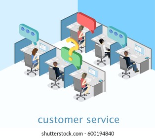 Isometric flat 3D isolated concept cutaway interior men and women working with headset in a call center. Customer support. People working in the office.