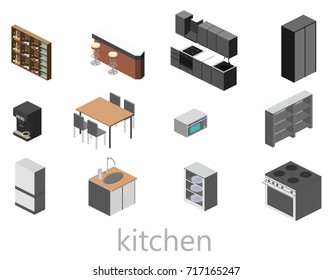 Isometric Flat 3D Isolated Concept Cutaway Interior Of Kitchen