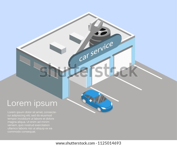 Isometric flat 3D isolated concept Car service\
building or car\
repair