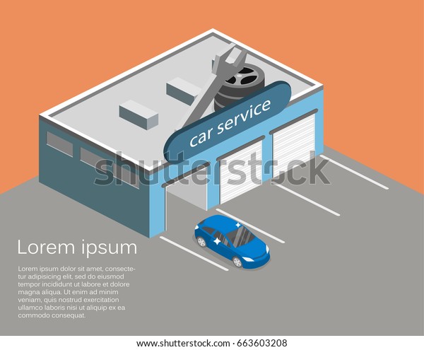 Isometric flat 3D isolated concept Car service\
building or car\
repair