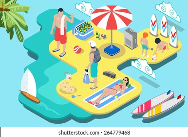 Isometric Flat Beach Life - Summer Holidays - Extended Family Holiday Makers. Icon. JPG. JPEG. Object. Picture. Image. Graphic. Art. Illustration. Drawing - Stock