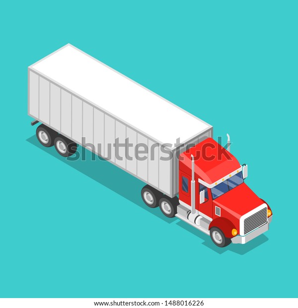 Isometric flat concept of a cargo truck\
isolated on a blue\
background.