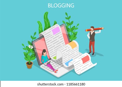 Isometric Flat Concept Of Creative Blogging, Commercial Blog Posting, Copywriting, Content Marketing Strategy.