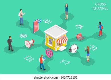 Isometric flat concept of cross channel, omnichannel, several communication channels between seller and customer, digital marketing, online shopping.