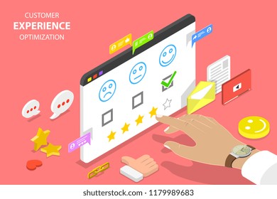 Isometric Flat  Concept Of Customer Experience Optimization, Crm, Relationship Management, Client Rating, User Satisfaction.