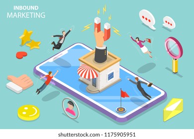 Isometric Flat Concept Of Digital Inbound Marketing Strategy, Leads Generating, Customer Attraction And Retention.