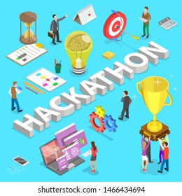 Isometric flat concept of hackathon, hack marathon coding event, app and software development.