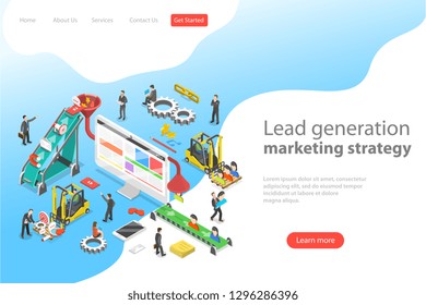 Isometric flat concept of lead generation strategy. Marketing process of conversion rate optimization and generating business leads.
