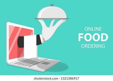 Isometric Flat Concept For Online Food Ordering, Home Delivery, Restaurant Reservation.