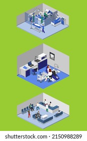 Isometric Flat Interior Of Hospital Room, Pharmacy, Doctor's Office, Waiting Room, Reception, Mri, Operating. Doctors Treating The Patient. Flat 3D Illustration