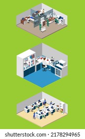 Isometric Flat Interior Of Hospital Room, Pharmacy, Doctor's Office, Waiting Room, Reception, Mri, Operating. Doctors Treating The Patient. Flat 3D Illustration