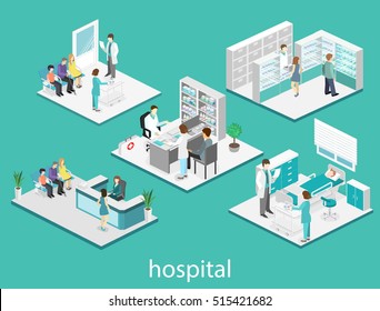 Isometric Flat Interior Of Hospital Room, Pharmacy, Doctor's Office, Waiting Room, Reception. Doctors Treating The Patient. Flat 3D Illustration